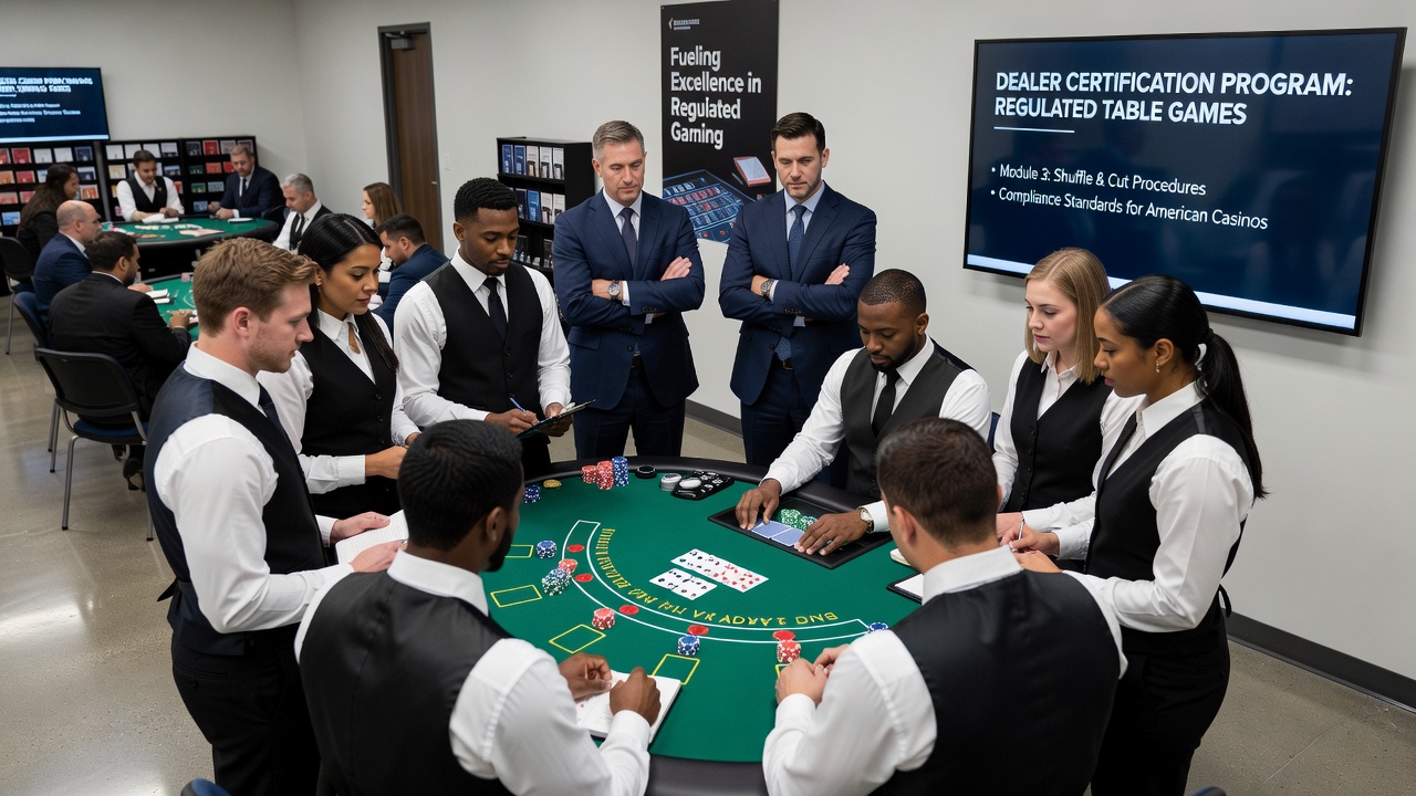 Certified dealers practicing table procedures in a professional studio environment with regulatory compliance documentation visible
