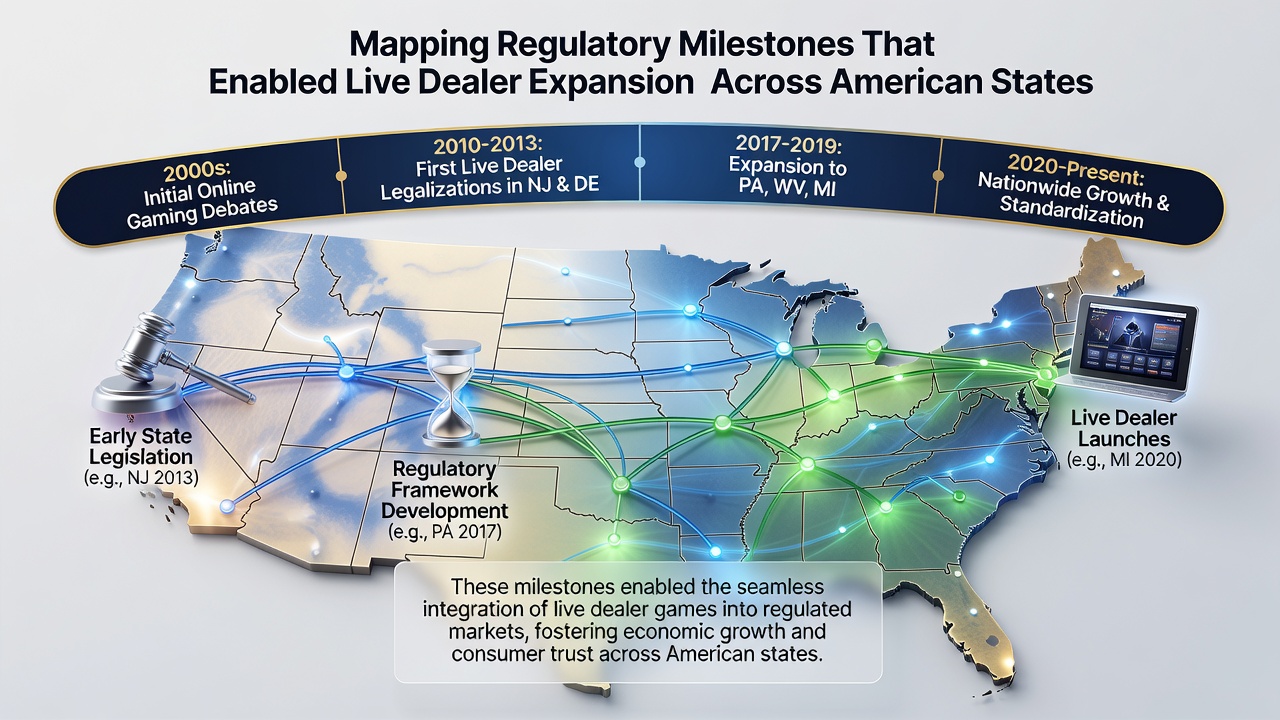 Map highlighting US states with active live dealer regulations and expansion timelines